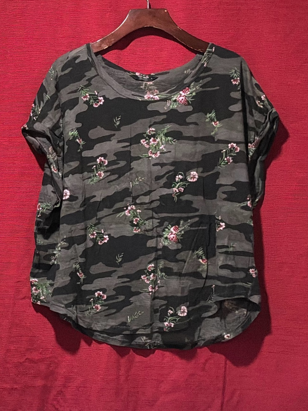 Lucky Brand Women's Black & Gray Camo Tee with Pink Floral Print